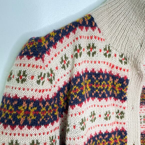 Edina Ronay England Tan, Red, Blue Fair Isle Hand Knit Wool Cardigan Sweater - Picture 7 of 10